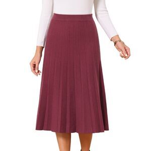 Women's Pleated Skirts A Line Ribbed Knit Midi Skirt Burgundy